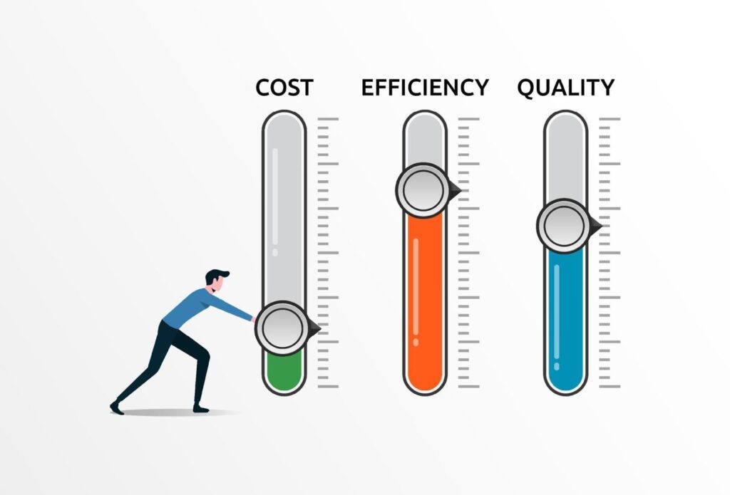 level-control-of-quality-efficiency-cost-concept-business-cost-optimization-with-a-man-adjust-level-for-cost-efficiency-and-quality-development-and-growth-business-vector